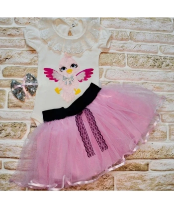 9-12-18 Ay Toka Hediyeli Kuş Desenli Tişört Tütü Etek 2li Kız Bebek Takımı Lila