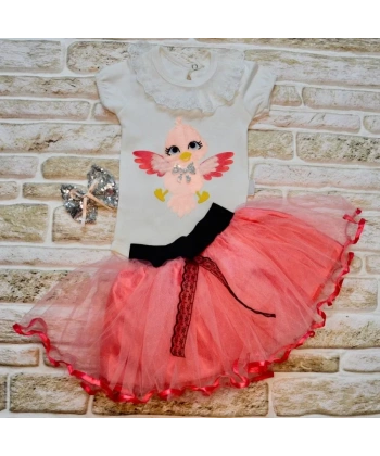 9-12-18 Ay Toka Hediyeli Kuş Desenli Tişört Tütü Etek 2li Kız Bebek Takımı Nar Çiçeği