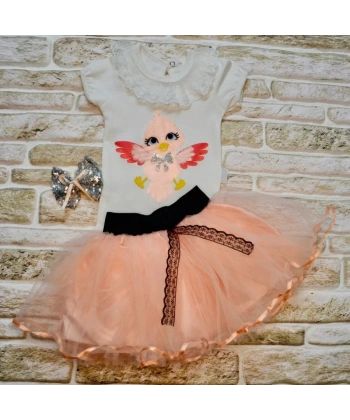 9-12-18 Ay Toka Hediyeli Kuş Desenli Tişört Tütü Etek 2li Kız Bebek Takımı Pudra