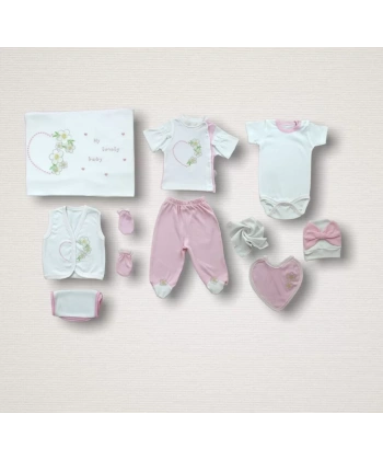 Baharın Çiçekli Kalbi Nakışlı  10lu Zıbın Takımı Hastane Çıkışı Pembe