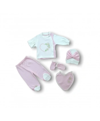 Baharın Çiçekli Kalbi Nakışlı  5li Zıbın Takımı Hastane Çıkışı Pembe