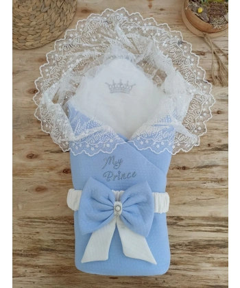 Bal Peteği My Prince Taç Nakışlı İnci Fiyonklu Dantel Duvaklı Delüks Kundak Bebek Battaniyesi Mavi