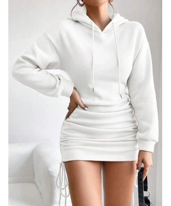 BİÇOMİ 3 iplik şardonlu kapşonlu elbise beyaz