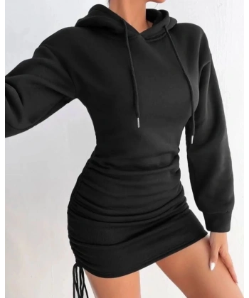 BİÇOMİ 3 iplik şardonlu kapşonlu elbise siyah