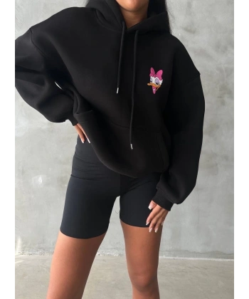 BİÇOMİ 3 iplik şardonlu oversize compact ördek baskılı sweat siyah