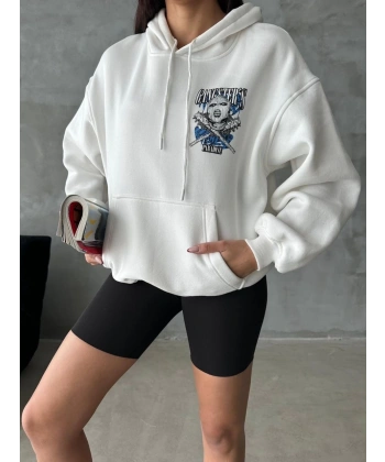 BİÇOMİ 3 iplik şardonlu oversize kafa baskılı sweat beyaz