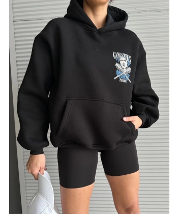 BİÇOMİ 3 iplik şardonlu oversize kafa baskılı sweat siyah