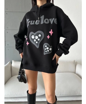 BİÇOMİ 3 iplik şardonlu oversize true baskılı sweat siyah
