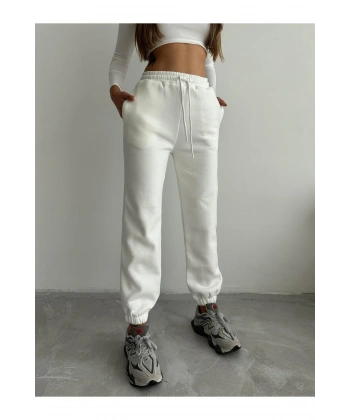 BİÇOMİ 3 iplik şardonlu paça lastikli eşofman beyaz is001