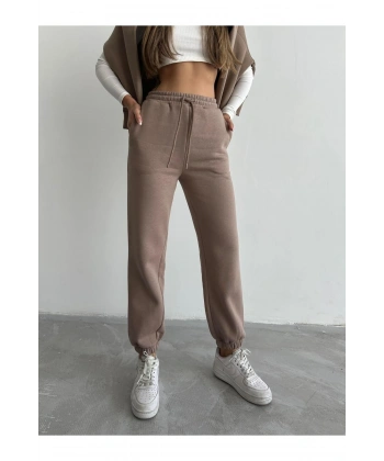 BİÇOMİ 3 iplik şardonlu paça lastikli eşofman vizon is001