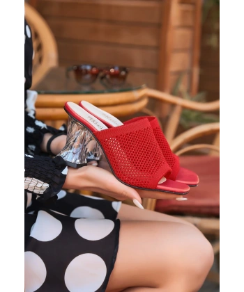 BİÇOMİ Akva Kırmızı Triko Şeffaf Topuklu Terlik