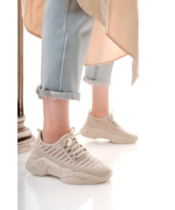 BİÇOMİ Ante Bej Triko Bağcıklı Spor Ayakkabı