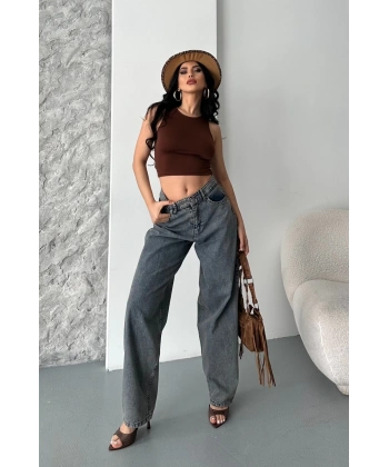 BİÇOMİ Baggy kar yıkama eskitme kahve jeans pantolon d2007