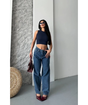 BİÇOMİ Baggy kar yıkama jeans pantolon koyu mavi d2007