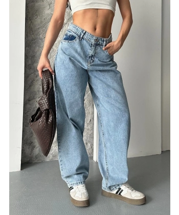 BİÇOMİ Baggy kar yıkama orta mavi jeans pantolon d2007