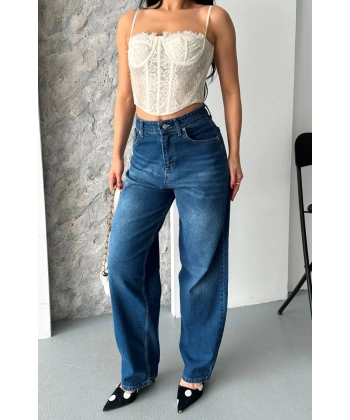 BİÇOMİ Baggy süper taş bıyık yıkama koyu mavi jeans pantolon d2007