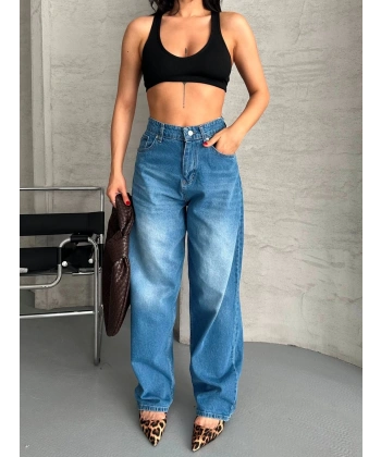 BİÇOMİ Baggy süper taş bıyık yıkama mavi jeans pantolon d2007