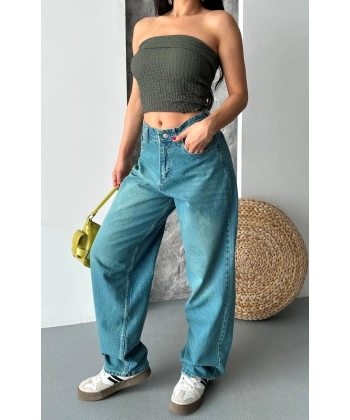 BİÇOMİ Baggy taş enzim bıyık yıkama jeans pantolon yeşil tint d2007