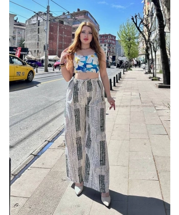 BİÇOMİ Baskılı Bağcıklı keten pantolon krem