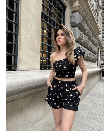BİÇOMİ Baskılı fırfırlı şortlu takım