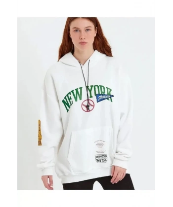 Biçomi Baskılı Kapüşonlu Sweatshirt - Beyaz