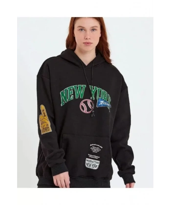 Biçomi Baskılı Kapüşonlu Sweatshirt - Siyah