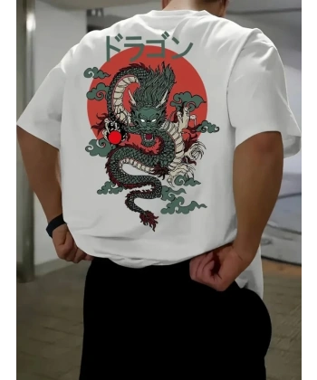 Biçomi Baskılı Oversize Bisiklet Yaka T-shirt - Beyaz