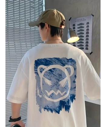 Biçomi Baskılı Oversize Bisiklet Yaka T-shirt - Beyaz