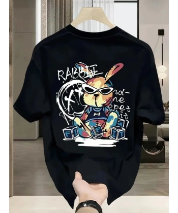 Biçomi Baskılı Oversize Bisiklet Yaka T-shirt - Siyah