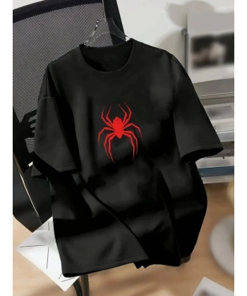 Biçomi Baskılı Oversize Bisiklet Yaka T-shirt - Siyah