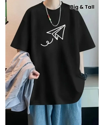 Biçomi Baskılı Oversize Bisiklet Yaka T-shirt - Siyah