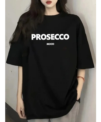Biçomi Baskılı Oversize Bisiklet Yaka T-shirt - Siyah
