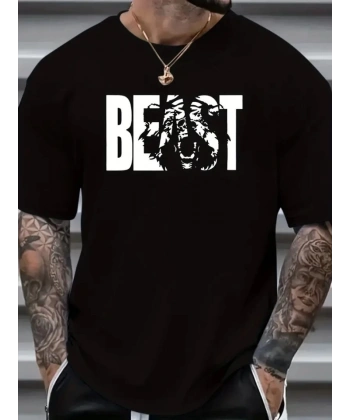 Biçomi Baskılı Oversize Bisiklet Yaka T-shirt - Siyah