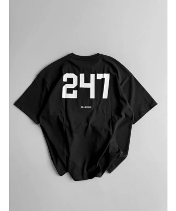 Biçomi Baskılı Oversize Bisiklet Yaka T-shirt - Siyah