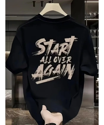 Biçomi Baskılı Oversize Bisiklet Yaka T-shirt - Siyah