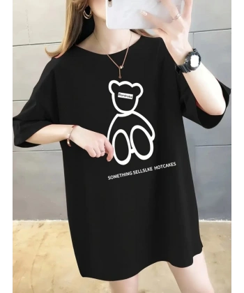 Biçomi Baskılı Oversize Bisiklet Yaka T-shirt - Siyah
