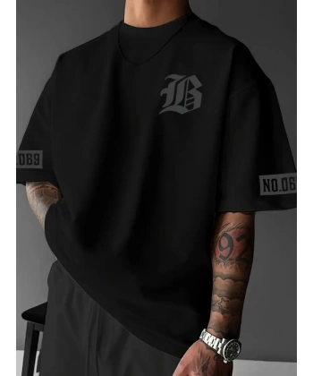 Biçomi Baskılı Oversize Bisiklet Yaka T-shirt - Siyah
