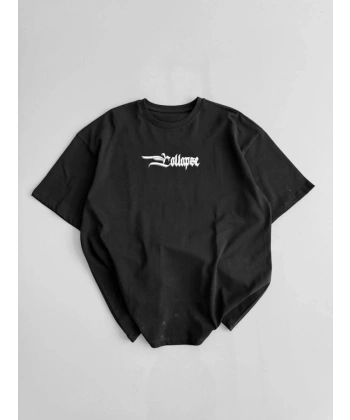 Biçomi Baskılı Oversize Bisiklet Yaka T-shirt - Siyah