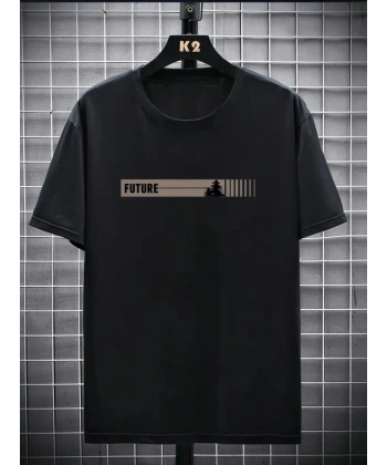 Biçomi Baskılı Oversize Bisiklet Yaka T-shirt - Siyah