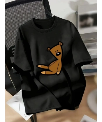 Biçomi Baskılı Oversize Bisiklet Yaka T-shirt - Siyah