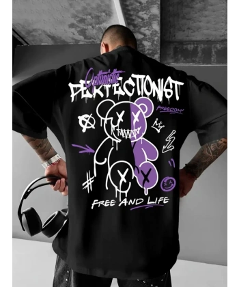 Biçomi Baskılı Oversize Bisiklet Yaka T-shirt - Siyah