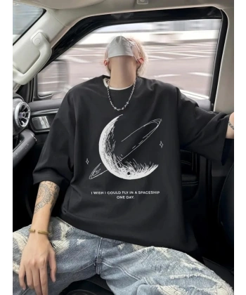 Biçomi Baskılı Oversize Bisiklet Yaka T-shirt - Siyah