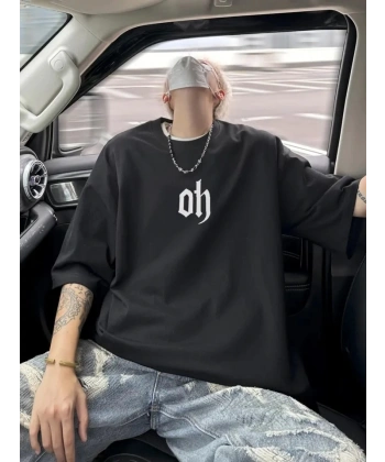 Biçomi Baskılı Oversize Bisiklet Yaka T-shirt - Siyah