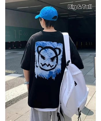 Biçomi Baskılı Oversize Bisiklet Yaka T-shirt - Siyah