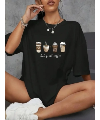 Biçomi Baskılı Oversize Bisiklet Yaka T-shirt - Siyah