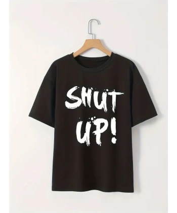 Biçomi Baskılı Oversize Bisiklet Yaka T-shirt - Siyah