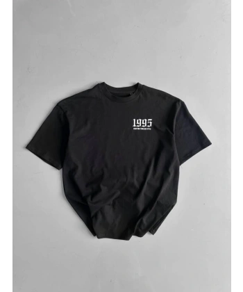 Biçomi Baskılı Oversize Bisiklet Yaka T-shirt - Siyah
