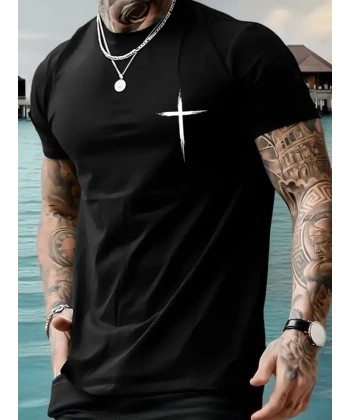 Biçomi Baskılı Oversize Bisiklet Yaka T-shirt - Siyah