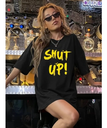 Biçomi Baskılı Oversize Bisiklet Yaka T-shirt - Siyah