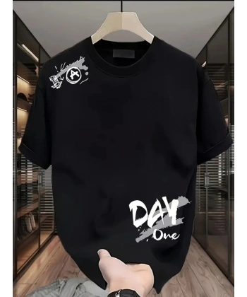 Biçomi Baskılı Oversize Bisiklet Yaka T-shirt - Siyah
